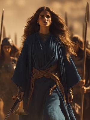 The cover image depicts a woman dressed in blue robes, possibly representing the Biblical figure Deborah. She is facing forward with a focused expression, with long brown hair and a sword. Behind her, other figures holding spears create a sense of movement and a background of an outdoor setting.