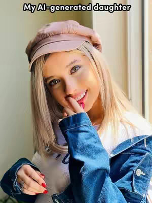 A young woman with long blonde hair and a pink newsboy cap looks toward the camera with a warm smile, as she gently raises her index finger to her lips. She is wearing a white top and a blue denim jacket with a few small rings on her fingers.