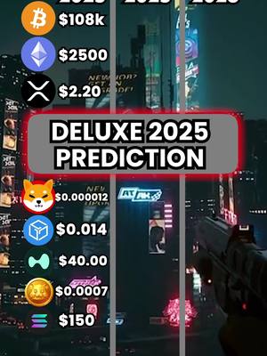A vertical image with a high-angle view over a city skyline at night. The foreground shows a gun being held. In the mid-ground are several columns of text with cryptocurrency logos and price predictions for 2025. The background has brightly lit skyscrapers and billboards. A red rectangle with white text reading 'DELUXE 2025 PREDICTION' is centrally located.