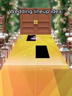 The cover image shows a modified version of the game Magic Tiles 3, with a wedding setting replacing the typical game elements. The foreground displays the typical gold tile paths of the game, with black tiles representing the keys to tap on. A faux wooden door is set in the center, with floral greenery in the background on either side.