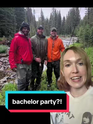The cover image shows a woman in the foreground and three men in the background. The men are standing in a forested area near a river or stream and appear to be fishing. The woman is smiling and speaking to the camera. Text overlay appears in a colorful rectangle at the bottom with a speech bubble shape.