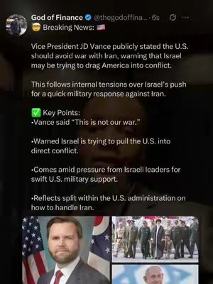 The image is a smartphone screenshot featuring text, an image of a man and a compilation of other images. The text begins with 'God of Finance' and summarizes a news item about Vice President J.D. Vance's statement on avoiding war with Iran. The text is overlaid over an image of a man. Below this text, there's a multi-image grid, including a portrait of the man and other images. The color scheme is dark, with white text and a color palette that includes shades of blue and green; the images are framed by a black border. The overall composition is informational and current-events focused.