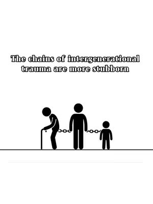 A minimalist image with a white background. In the center, three stick figures stand in a line. The first, an elderly person with a cane, is slightly bent over. The second figure is a tall adult, and the third is a smaller child. Each figure is connected by a chain. Above this is a text overlay in a serif font that reads: "The chains of intergenerational trauma are more stubborn."