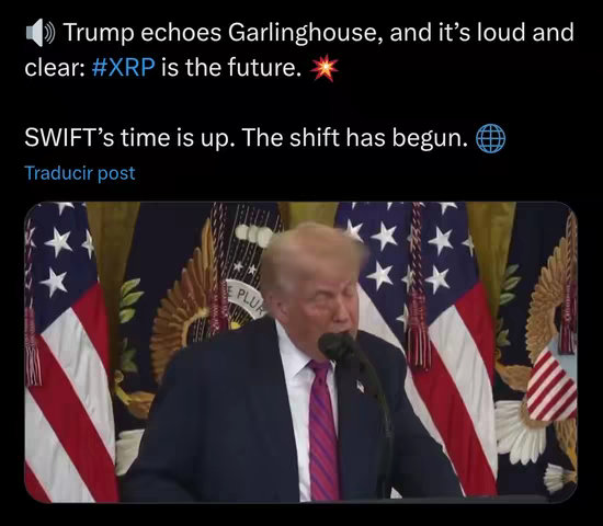The cover image shows a screen capture of a social media post with a video clip of Donald Trump speaking into a microphone with US flags in the background.