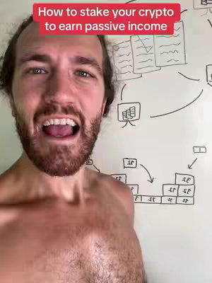 A man with shoulder-length hair stands shirtless, his mouth open as if speaking. A whiteboard in the background has a drawn diagram with handwritten text and arrows, with a red banner at the top that reads, 'How to stake your crypto to earn passive income'.