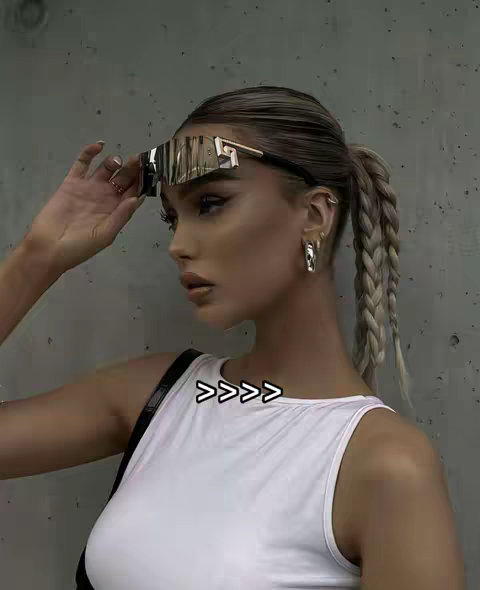 A profile shot of a woman with blonde hair styled in a ponytail braid, wearing large sunglasses and a white tank top. The background is a plain gray surface. White arrows overlay the white top of the woman.