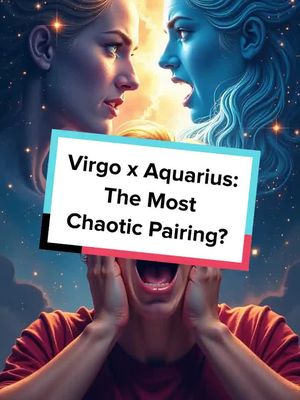 The cover image is a composite featuring several layers. At the top, there are two ethereal figures facing each other, one possibly representing Virgo and the other Aquarius. They are set against a glowing, celestial background with a warm color palette. In the foreground, a person is shown with their hands covering their face, expressing distress or shock, which is in front of a banner with the text overlay.