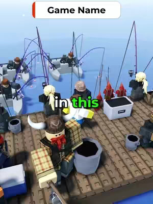 The cover image depicts a scene from a Roblox game with various Roblox avatars fishing from boats and a dock. The central focus is on a blocky avatar figure with a beard and a plaid shirt holding a fishing rod over a bucket, and in front of a group of fishing boats and people using fishing rods. The game interface displays the text "Game Name" and other in-game items like the water.  Fishing rods extend up against a blue sky. The color scheme is bright and cartoonish.