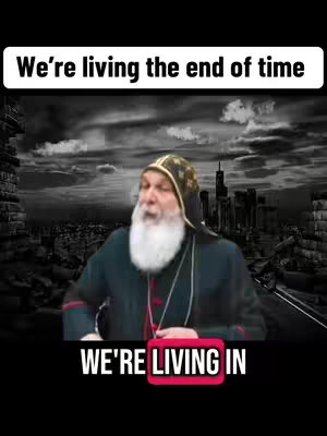 The image shows a religious figure speaking in front of a dark, apocalyptic background. The background depicts a ruined cityscape under a stormy sky. Text overlays at the top and bottom. 