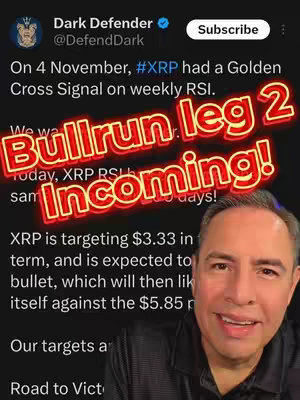 A screenshot from a Twitter post, featuring a man in the bottom right corner smiling. The text overlayed on the image announces a 'Bullrun leg 2 Incoming!' and highlights information related to XRP cryptocurrency.