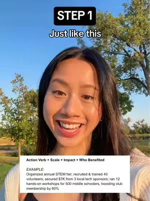 The cover image is a selfie of a young woman smiling, with a bright blue sky and trees in the background. Above her, there is a black rectangular text overlay that says "STEP 1", below which is another text line: "Just like this". At the bottom of the image, a white box contains text outlining a formula and an example.