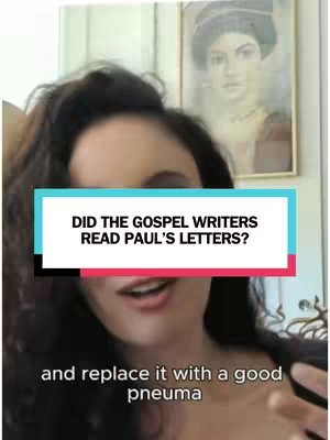 A woman is centered in the frame, with the top of her head cut off. She is speaking, and there is a framed painting behind her. Her dark hair and dark-colored eyes stand out. A colored panel with the question "DID THE GOSPEL WRITERS READ PAUL'S LETTERS?" is overlaid.