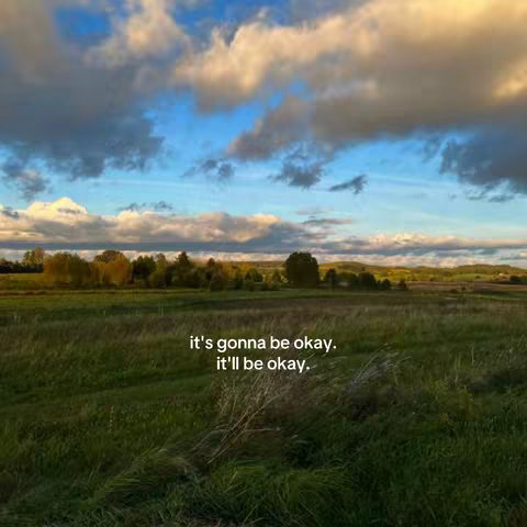 A serene outdoor scene featuring a field of green grass, trees on the horizon, and a cloudy sky with blue patches. Text overlayed at the bottom says, "it's gonna be okay. it'll be okay."