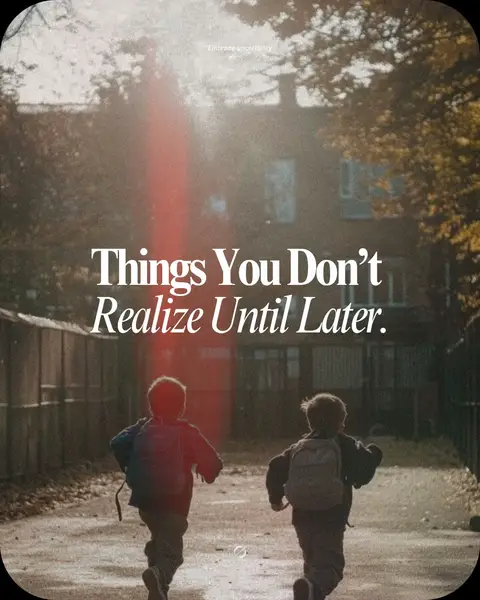 The cover image features two young boys running away from the viewer on a paved path. They are wearing backpacks and are silhouetted against a backdrop of a building, trees, and filtered light, creating a sense of nostalgia and a journey towards something unknown.