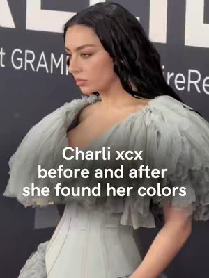 The cover image features Charli XCX with a dark background, possibly a red carpet event. Charli is wearing a light blue-green dress with a ruffled neckline, posing slightly sideways, with her face angled forward. Text overlayed in white reads, 'Charli xcx before and after she found her colors.'