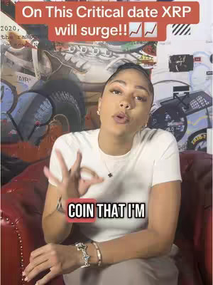 A woman with styled hair in a white top is gesturing with her hands. The background contains a collage of images and text, and a red banner says 'On This Critical date XRP will surge!!' In a highlighted section on the bottom reads 'COIN THAT I'M'.