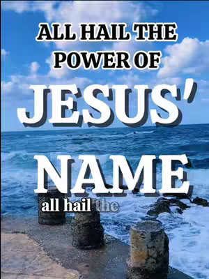 The image is a religious-themed graphic with text overlaid on a background featuring a seascape, likely the ocean with a light blue sky and some white clouds. The text is white and bold.