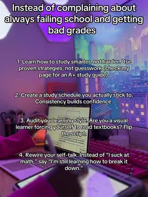 A person's hands and arms are visible in the foreground, working on a laptop and digital tablet. The text overlay is in the center and top of the image, providing information on how to turn negative thoughts into positive ones. The background features a blurry, purple-lit cityscape on a computer screen. The overall tone is motivational and educational.