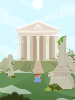 An illustrated scene depicting a stylized Greek temple on a slight incline, against a light blue sky with a sun. The temple is white, with large columns and a triangular pediment. A figure with a red headband and a blue outfit is walking towards the temple. Other elements include broken stone structures and green grassy areas.
