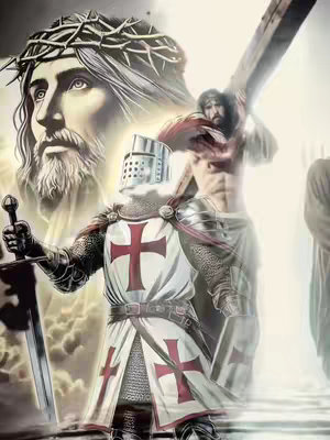 The image is a religious composition, with a large, faint image of Jesus wearing a crown of thorns in the upper left quadrant. Behind Jesus, but also in the background, the faint image of Jesus carrying the cross appears. In the foreground, a knight in shining armor holds a sword. The knight's chest displays a large red cross on a white background, and one of the crosses of the knight is also red. The background has a bright, ethereal glow. The overall mood is one of faith, spirituality, and protection.