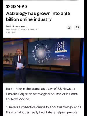 A news report about astrology in from CBS News, featuring a male news anchor in a suit, holding papers in a studio. Behind him is a large screen displaying astrological symbols around a central circle. The image has text overlaying and a quote from content creator.