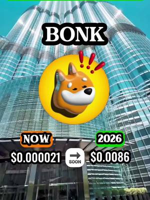 The cover image shows a skyscraper with the word "BONK" superimposed on it. In the center is a cartoonish Shiba Inu dog image within a yellow circle. Below, text indicates a price increase over time.