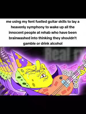 The cover image shows SpongeBob SquarePants in a cartoonish setting, seemingly playing a guitar. He is wearing a purple wizard-like outfit with a pointed hat and is surrounded by purple and pink energy effects. The text overlays on the image adds a layer of contextual meaning.