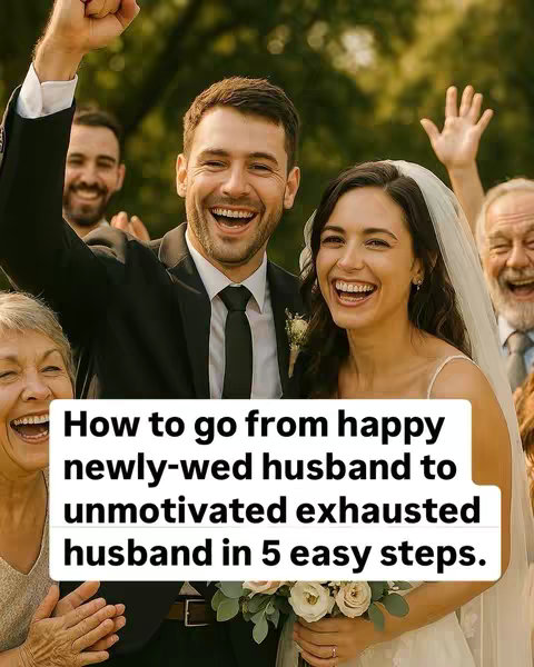 The cover image shows a group of people, predominantly cheerful, outside. The foreground features a man and a woman, both smiling and appearing joyous. The man is wearing a suit with his arm raised, adding to the celebratory vibe. The woman is wearing a white wedding dress with a veil and holding a bouquet of flowers. The background is blurred, but suggests more people and greenery, with sunlight casting a warm glow. The composition conveys a celebratory mood, and the text overlay suggests a comical contrast between initial happiness and later exhaustion.