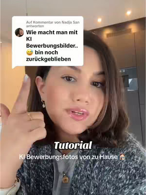 The image shows a woman in front of what appears to be a kitchen. A comment bubble from a user named Nadja San is in the upper left corner. The hook text is in bold, positioned below the bubble, and a smaller font with 'KI Bewerbungsfotos von zu Hause' and a small house emoji.