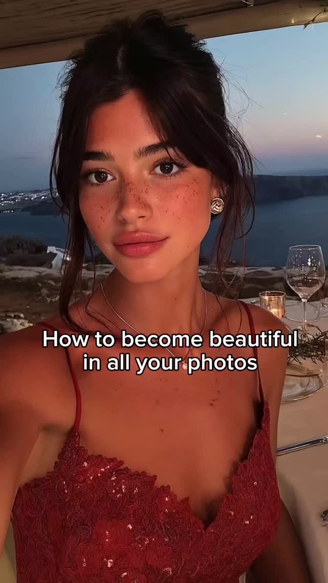 The cover image features a young woman at a restaurant with a picturesque background. The woman, with dark hair styled up, is the focal point. She has delicately applied makeup and is wearing a red dress. The background includes a view of a waterfront during the sunset.