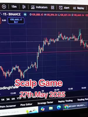 A computer screen displaying a cryptocurrency trading chart, with red and green lines representing price fluctuations. Overlaid on the chart is the text "Scalp Game" and "27th May 2025". The top of the screen has various indicators and data, and the bottom shows trading tools and platform information.