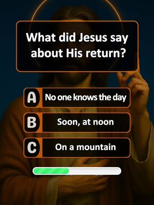 The cover image features a quiz question superimposed on an image of Jesus, with a halo above his head. The background is a gradient of dark blues and browns. Three answer options are provided below the question, with a progress bar at the bottom. The overall layout is designed to engage viewers with a religious quiz.