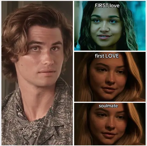 The cover image is a split screen and features two primary elements: on the left, a man with light brown hair and a patterned shirt, and on the right, three images of a woman. The man is centered and looking towards the viewer. The woman is shown with a soft, warm lighting, and text overlays appear on the top image as "FIRST love", on the second "first LOVE", and the third "soulmate". The image is evenly divided into different parts to give the different content.