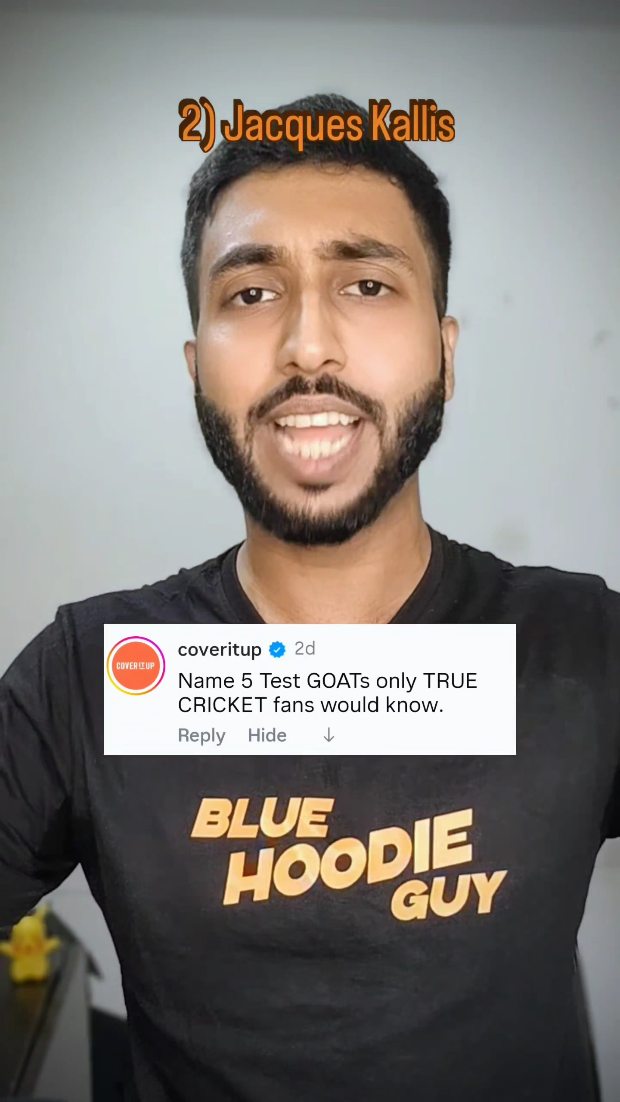 A man with dark hair and a beard is centered in a selfie-style shot. Above the man is a yellow-orange overlay with the text '2) Jacques Kallis'. A notification from coveritup is visible below, with the text calling for true cricket fans to name test GOATs.
