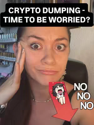 The cover image features a woman with a concerned expression, her hand touching her face. Above her head, bold white text reads "CRYPTO DUMPING - TIME TO BE WORRIED?". A red arrow with a cartoon figure falling down and the word "NO" repeated three times is superimposed on the image. The background is blurred, showing a shelf with various items.