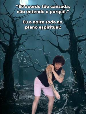 The image is a digital illustration featuring a nighttime, forest-like background. Silhouetted, leafless trees frame a central area. A full moon is visible at the top. A man stands in the foreground, wearing a black tank top and pink shorts, he is bending over like he is in pain or struggling.