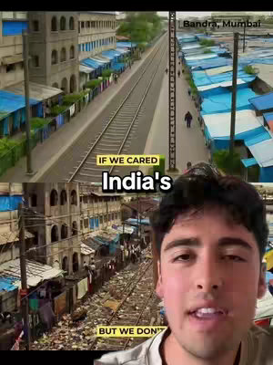 The cover image is a split view with a man's face in the bottom right corner. Above him are two views of an Indian cityscape. The top view shows a clean train track and buildings, while the lower view displays a similar scene but littered with trash and in a state of decay. Text overlays read, 'IF WE CARED' followed by the title 'India's' and the concluding phrase 'BUT WE DON'T'.