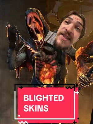 The cover image features a man's head superimposed on a grotesque, zombie-like character from Dead by Daylight. The man is partially visible, with a surprised expression. A red and white title bar at the bottom reads 'BLIGHTED SKINS'. The background appears to be from the game environment, adding context. The overall tone is a mix of horror and humor.