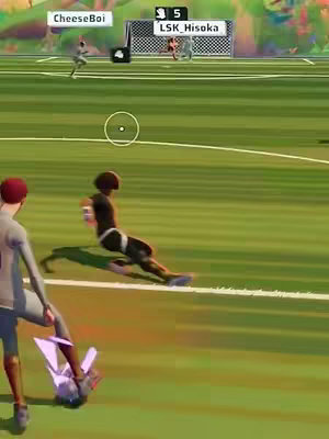 An animated video game scene of a soccer match with a player sliding on the green field towards the ball.