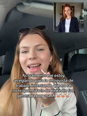 A woman with fair skin is shown in a car, applying lip gloss with a lipstick applicator. The background reveals a second image in the top right corner of her wearing a blazer. Overlay text appears between the woman and the camera.