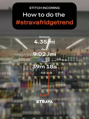 An image showing a tutorial concept with overlaid text. The background is a blurred view of a store with shelves of wine bottles.  Overlaid on top is text, conveying instructions, surrounded by a black rounded rectangle. The text includes the title of the tutorial along with the Strava app details. In the foreground are Strava app stats.