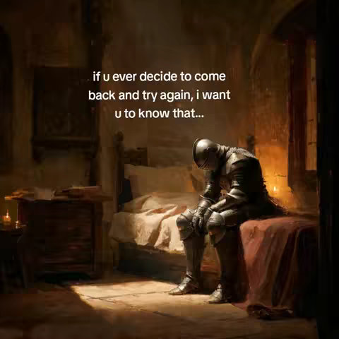 An AI-generated image shows a knight in full armor sitting on the edge of a bed in a dimly lit room. The knight has a helmet on and is slumped over with his head bowed. The room is sparsely furnished. The text overlayed says: "if u ever decide to come back and try again, i want u to know that..."