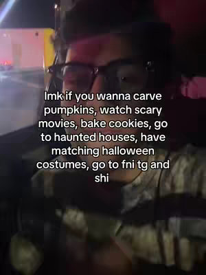 A person wearing glasses is in a car at night, with a text overlay for Halloween activities.