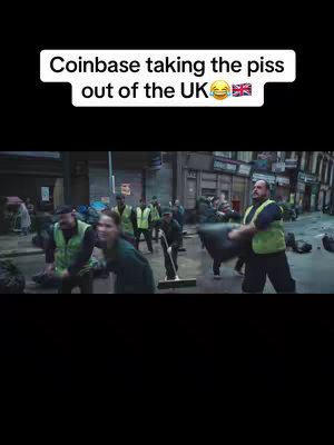 A street scene with many people wearing vests and cleaning up what appears to be garbage from the streets, an overlay with text indicates it's related to Coinbase