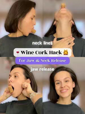 A four-panel image demonstrating a neck and jaw exercise using a wine cork. The top left panel shows a woman looking to her left with a cork in her mouth, appearing to loosen her jaw. The top right panel shows the woman with her head tilted back, supporting her head and neck with her hands. The bottom left panel shows the woman's jaw being manipulated with a cork. The bottom right panel shows the woman smiling and looking into the camera. Text and a graphic overlay are at the center and bottom to deliver instructions.