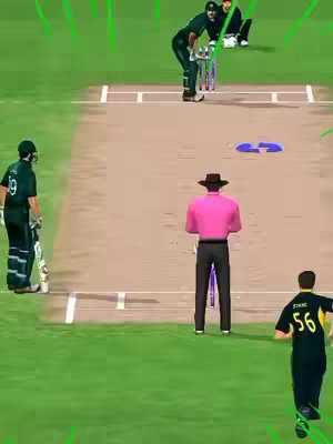 A cricket match scene is depicted from a low angle. A batsman in green awaits the bowler. The bowler, also in green, delivers the ball. An umpire in pink and black stands ready, and a fielder in yellow and black runs towards the action.