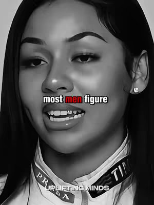 A grayscale image features a close-up of a woman. The woman has long dark hair and fair skin. The text overlayed on the image reads "most men figure" in red font.