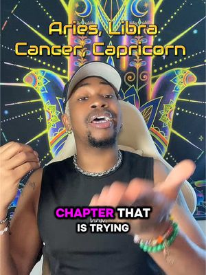 A man with a goatee and short hair is in the center, facing the camera and gesturing with his hands. Above him is a graphic with colorful designs and the text 'Aries, Libra, Cancer, Capricorn.' Overlayed at the bottom is text in a stylized pink font: 'CHAPTER THAT IS TRYING'.