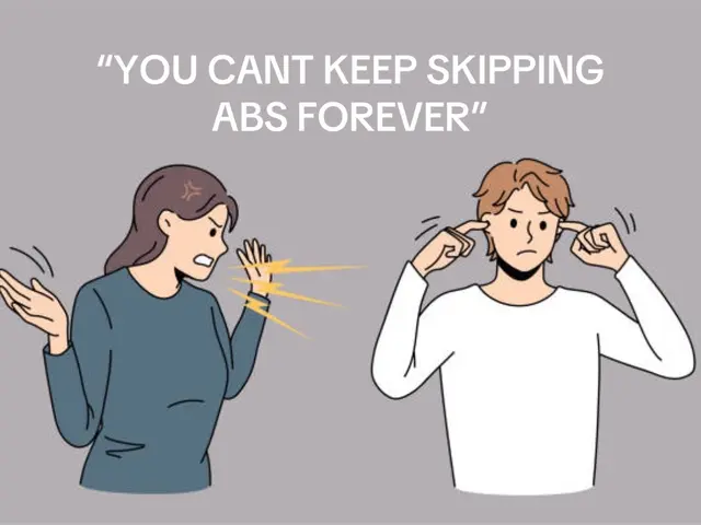An image with two cartoon figures. A woman on the left is yelling with an angry expression and a burst of yellow light emanating from her hand. A man on the right covers his ears with his fingers, showing a look of annoyance. The background is a solid gray color, and the text overlayed at the top reads, "YOU CANT KEEP SKIPPING ABS FOREVER."
