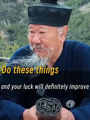 An older man with a long white beard and a black hat is the central figure, holding an object in his hands. He appears to be outdoors with a blurred green background. Text overlays in the image read, 'Do these things and your luck will definitely improve'.